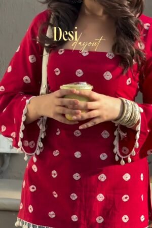 Crimson Bandhani Print Bell-Sleeved Kurti with Shell Trims
