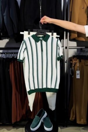 Contemporary Forest Green & White Striped Zipper Polo Set
