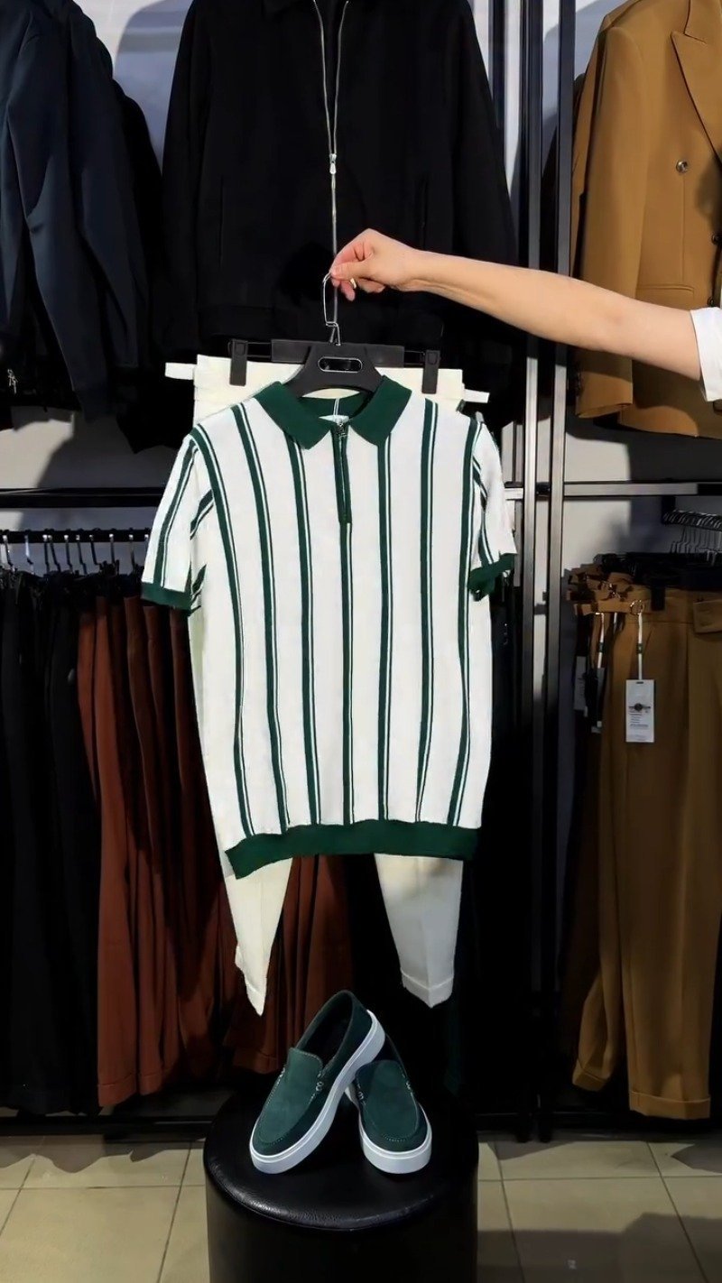 Contemporary Forest Green & White Striped Zipper Polo Set