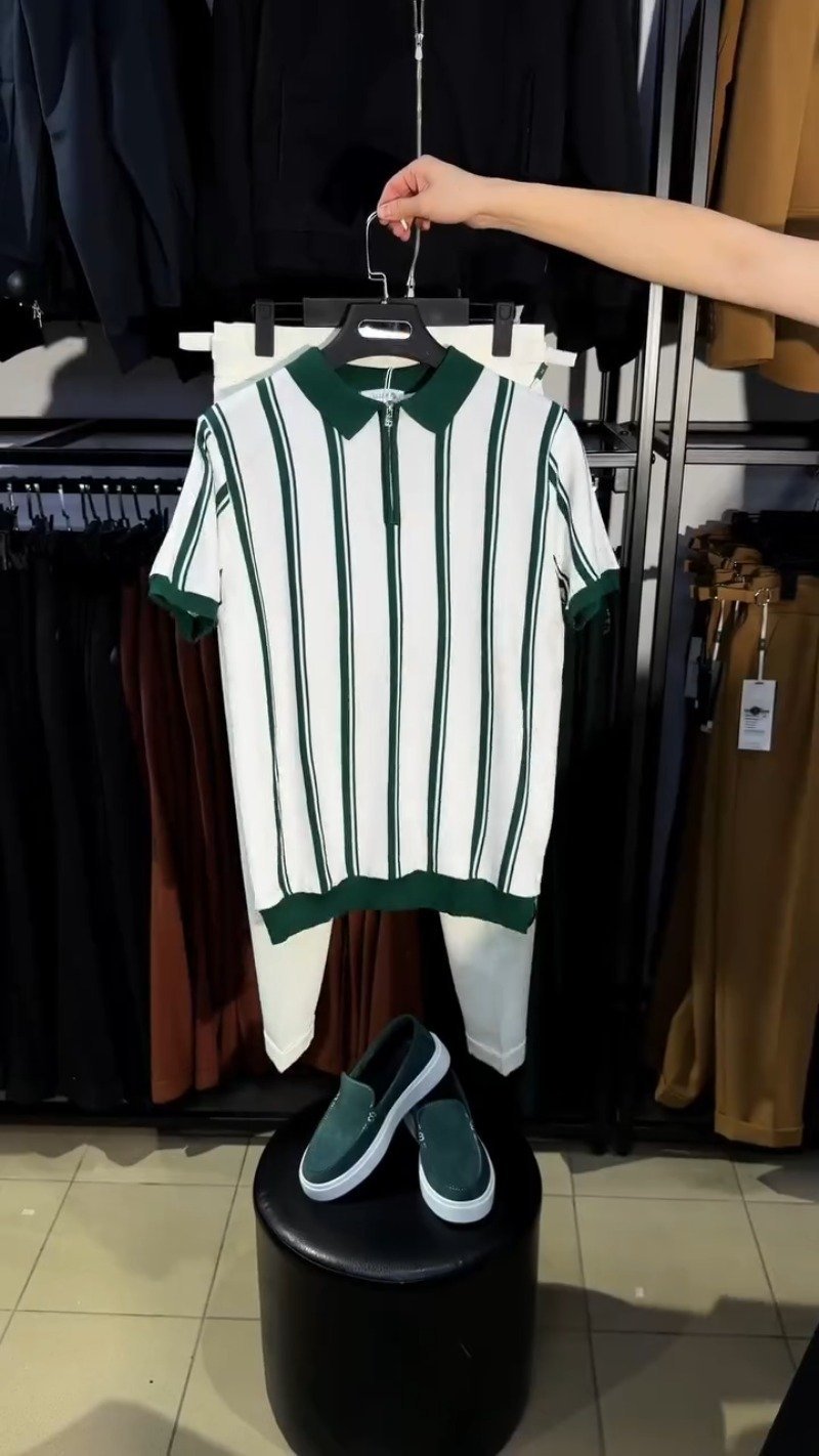Contemporary Forest Green & White Striped Zipper Polo Set - Image 2