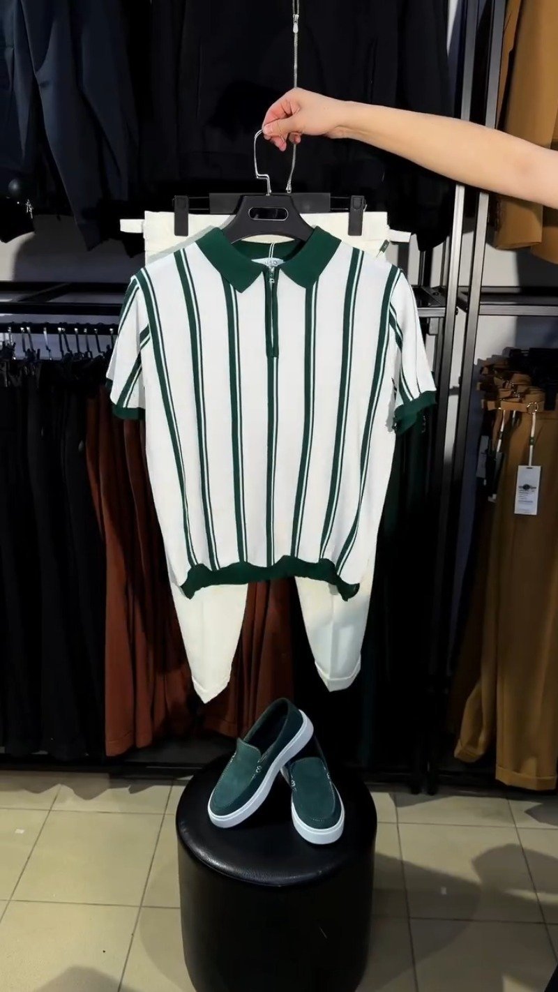 Contemporary Forest Green & White Striped Zipper Polo Set - Image 3