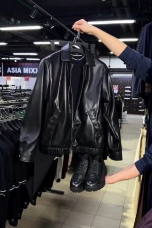 Modern Urban Aesthetic Leather Jacket and Trousers Ensemble
