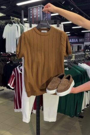 Urban Sophisticate Ribbed Knit Tee & Chino Set – Earthy Brown & Crisp White