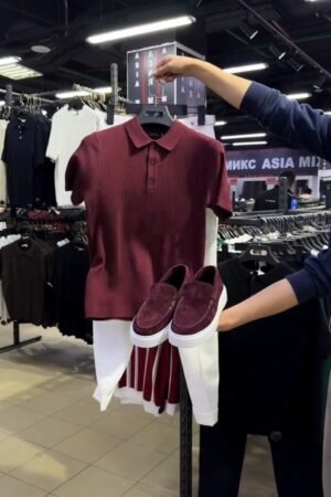 Sophisticated Ribbed Polo & Slip-On Ensemble – Available in Maroon & White