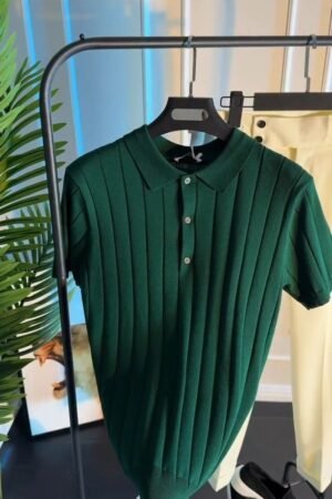 Verdant Forest Ribbed Knit Polo Shirt