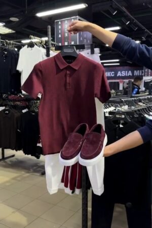 Minimalist Ribbed Polo & Trouser Co-ord Set – Available in Burgundy & Classic White