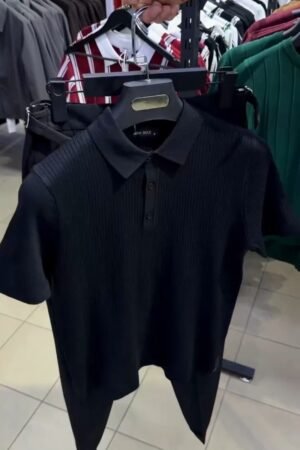 Minimalist Ribbed Polo Shirt & Trouser Set – Black