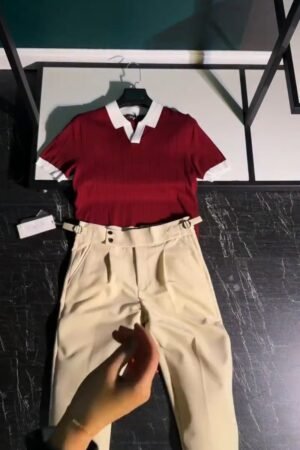 Modern Minimalist Polo-Style Co-ord Set in Deep Burgundy & Beige – Available in Burgundy & Beige