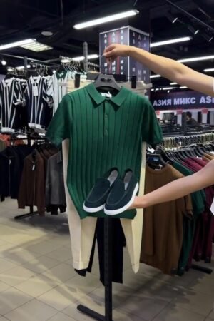 Modern Minimalist Ribbed Polo & Trouser Set – Available in Dark Forest Green & Classic Cream