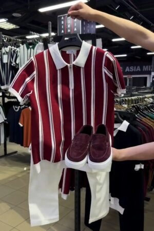 Modern Minimalist Zip-Front Polo & Trouser Set – Available in Deep Crimson & Forest Green