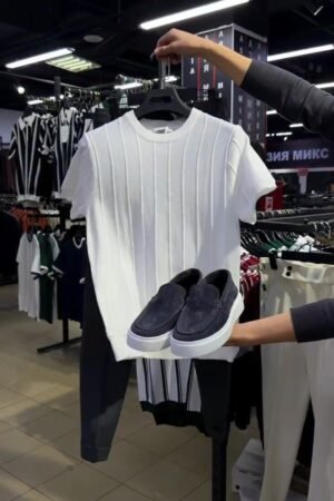 Minimalist Ribbed Knit T-Shirt and Suede Slip-On Set – Available in White, Emerald Green, Earthy Brown & Deep Burgundy