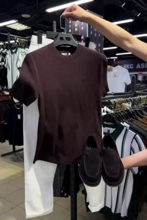 Minimalist Espresso Brown Textured Cotton Tee with White Trousers – Available in Espresso Brown