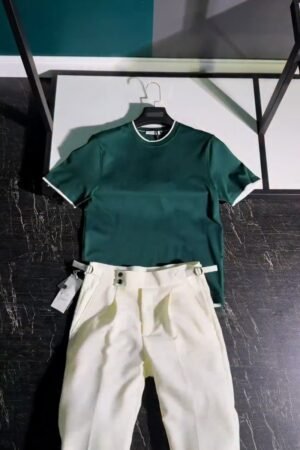 Modern Minimalist Casual Ensemble – Featuring Forest Green & Crisp Cream