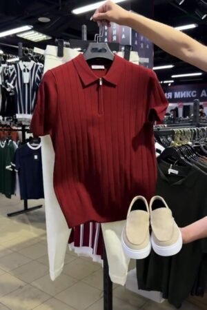 Urban Minimalist Ribbed Knit Polo & Trouser Set – Available in Deep Burgundy & Classic White