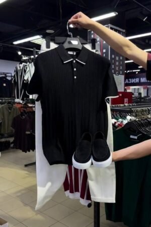 Minimalist Textured Knit Polo & Trouser Co-ord Set – Available in Black, White, Burgundy & Sky Blue