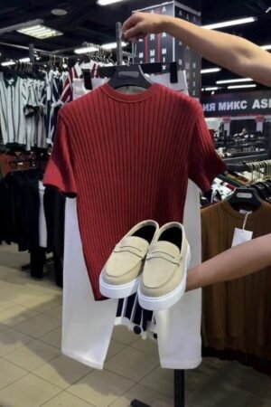 Minimalist Ribbed Knit Tee and Tailored Trouser Co-ord Set – Available in Deep Maroon & Classic White