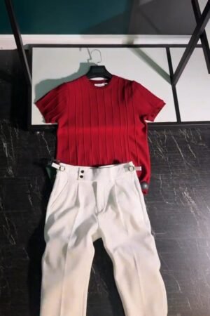 Modern Minimalist Ribbed Knit Ensemble – Available in Maroon & White