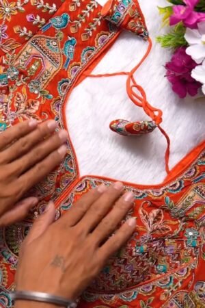 Ornate Zardosi & Bird Motif Embellished Designer Blouse – Exclusive Orange Artisan Collection