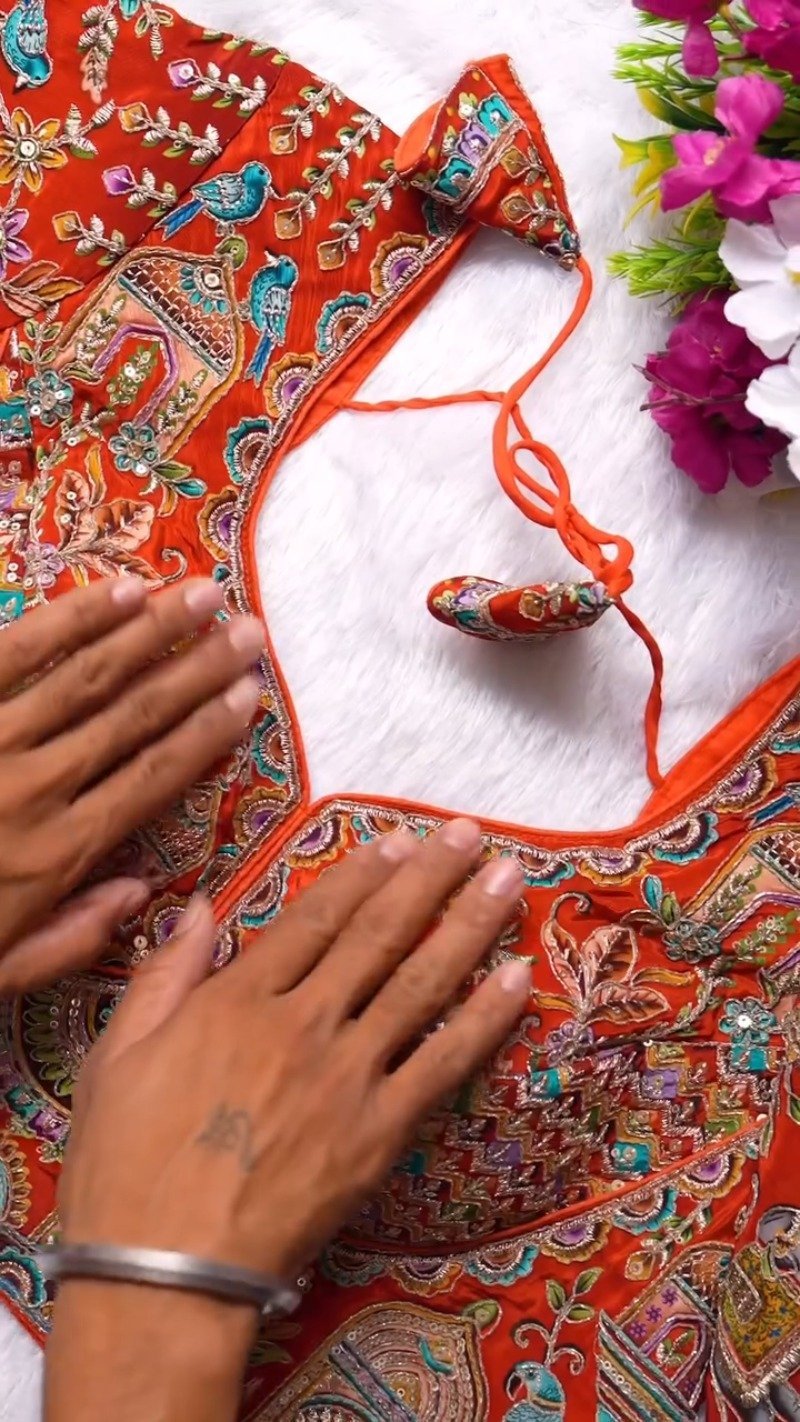 Ornate Zardosi & Bird Motif Embellished Designer Blouse β Exclusive Orange Artisan Collection