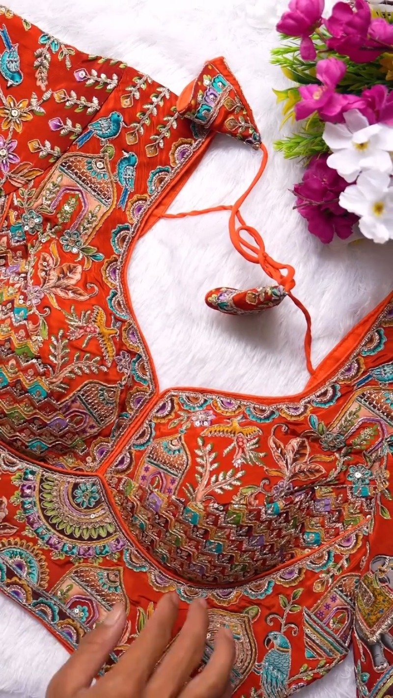 Ornate Zardosi & Bird Motif Embellished Designer Blouse β Exclusive Orange Artisan Collection - Image 2