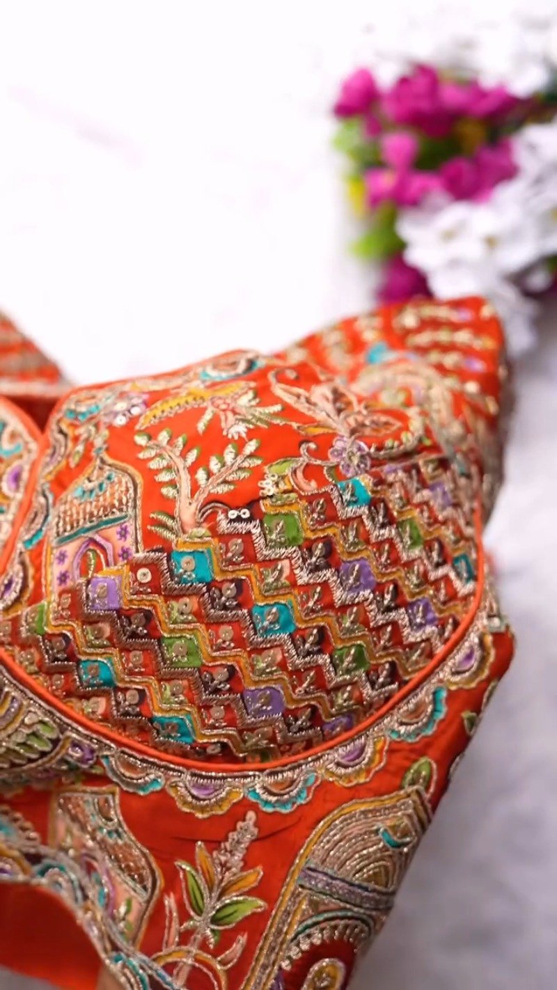 Ornate Zardosi & Bird Motif Embellished Designer Blouse β Exclusive Orange Artisan Collection - Image 4