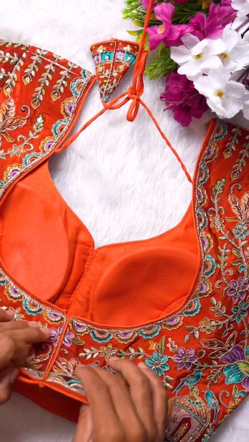 Ornate Zardosi & Bird Motif Embellished Designer Blouse β Exclusive Orange Artisan Collection - Image 6