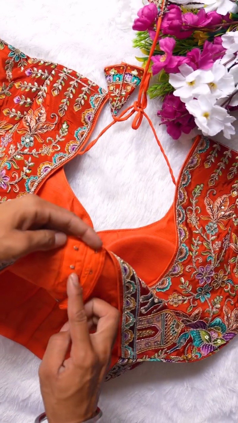 Ornate Zardosi & Bird Motif Embellished Designer Blouse β Exclusive Orange Artisan Collection - Image 7