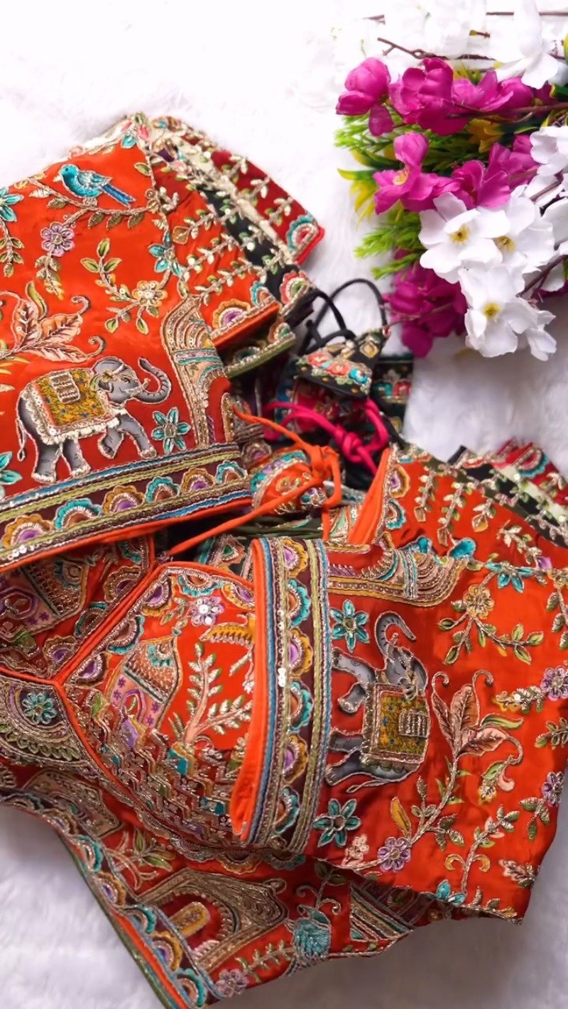 Ornate Zardosi & Bird Motif Embellished Designer Blouse β Exclusive Orange Artisan Collection - Image 8