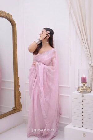 Ethereal Pastel Pink Sheer Organza Saree with Delicate Silver Threadwork