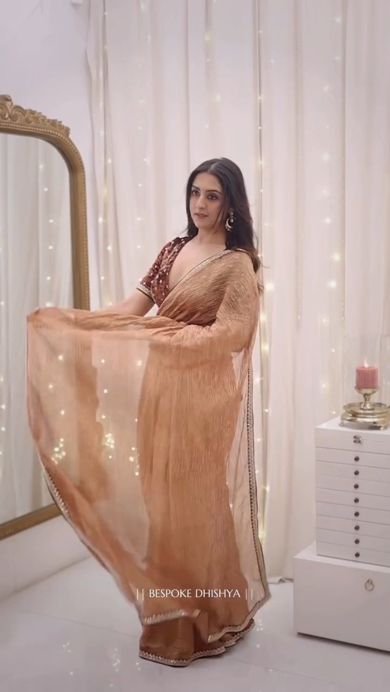 Metallic Copper Shimmer Saree with Velvet Embellished Blouse - Image 2