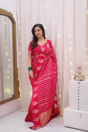 Radiant Crimson Zari-Striped Organza Saree with Embroidered Blouse