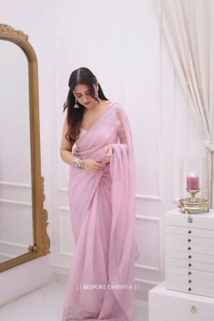 Ethereal Pastel Pink Organza Embellished Saree with Scalloped Border