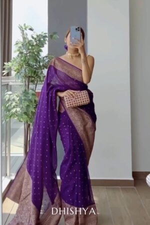 Royal Purple Banarasi Silk Saree with Antique Gold Border – Available in a Single Colourway