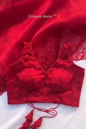 Crimson Charm V-Neck Embroidered Saree Ensemble