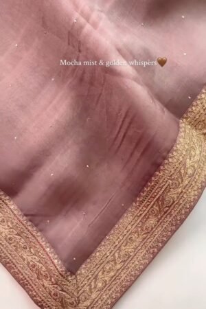 Mocha Mist Embellished Silk Saree with Antique Gold Border