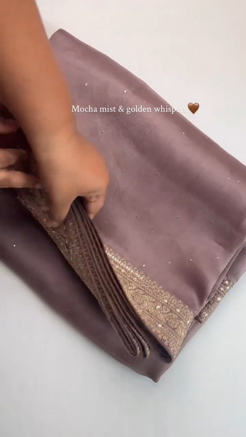 Mocha Mist Embellished Silk Saree with Antique Gold Border - Image 2
