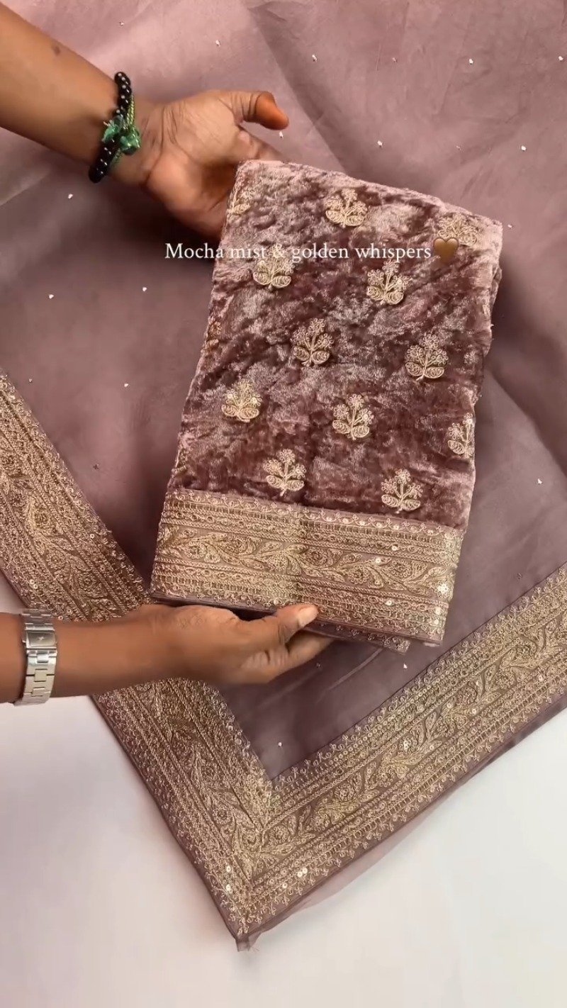 Mocha Mist Embellished Silk Saree with Antique Gold Border - Image 3
