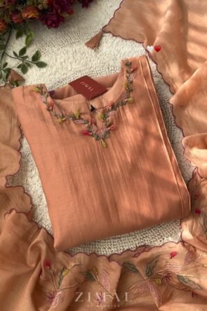 Zimal Peach Embroidered Kurta & Scalloped Dupatta Set
