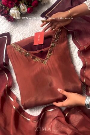 Zimal Rust-Brown Embroidered Kurta Set with Embellished Dupatta