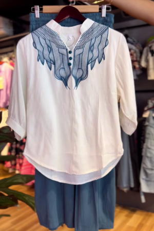 Indigo Drift: Embroidered High-Low Shirt & Wide-Leg Set
