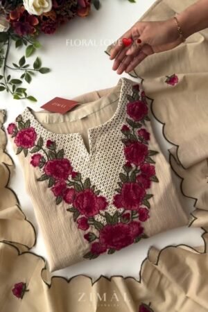 Beige Floral Embroidered Crochet Kurta Set with Scalloped Dupatta