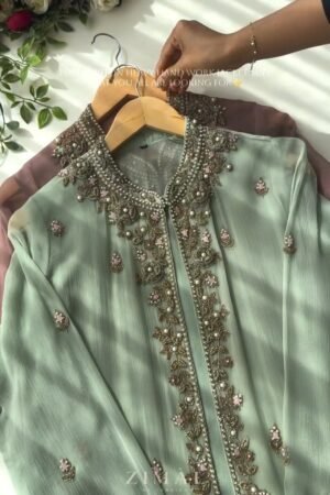 Ethereal Chiffon Hand-Embroidered Jacket Suit – Available in Sage Green & Dusty Mauve