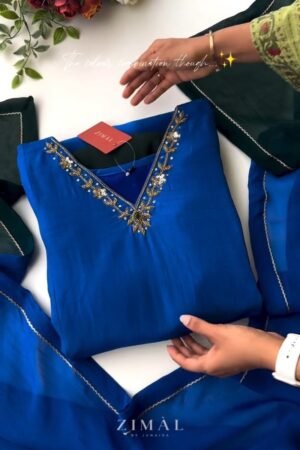 Royal Blue Embellished Kurta Ensemble with Contrast Stole – Available in Royal Blue & Forest Green
