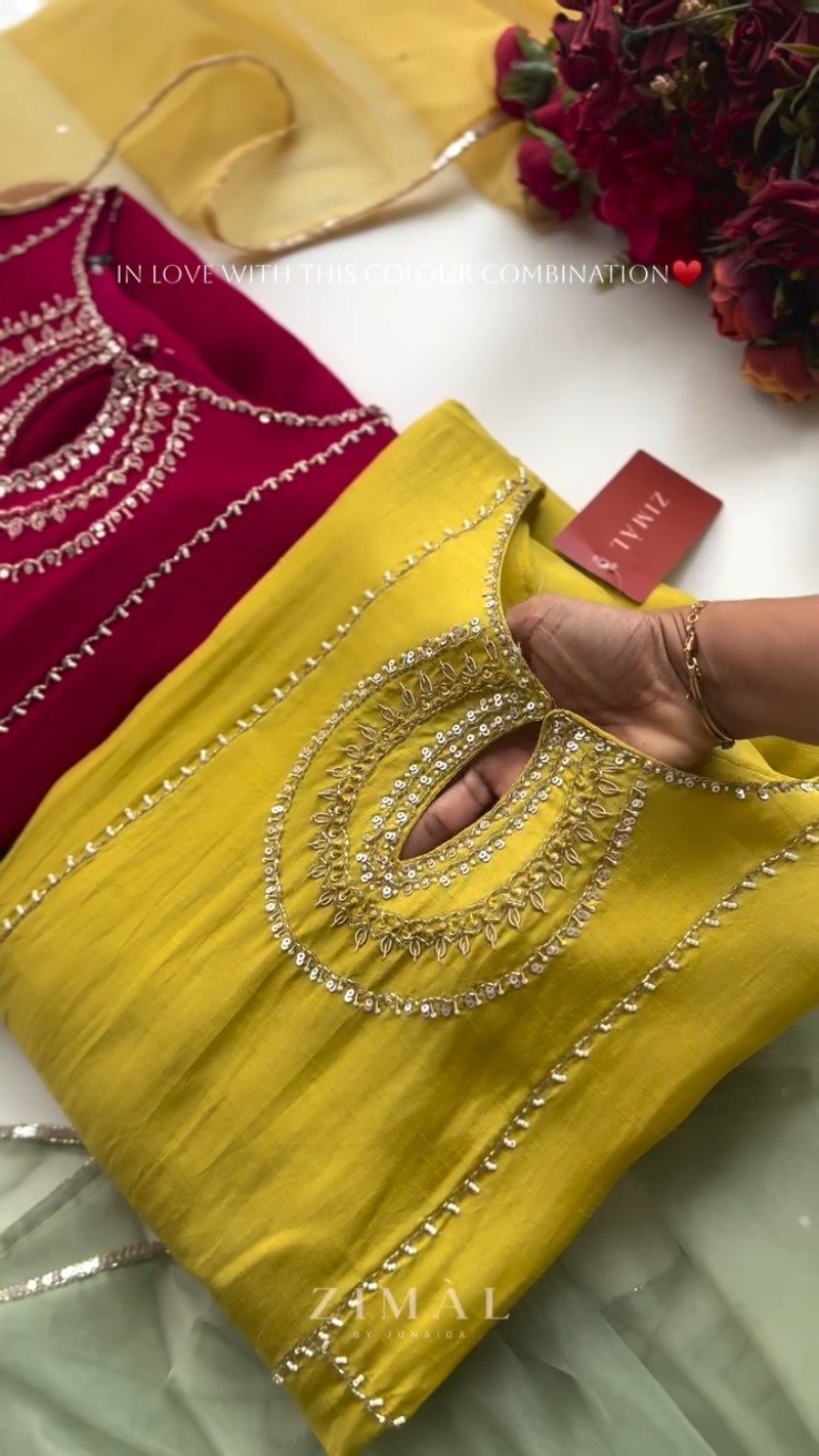 Zimal Luxe Hand-Embellished Embroidered Kurta Set β Available in Vibrant Fuchsia & Sunshine Yellow