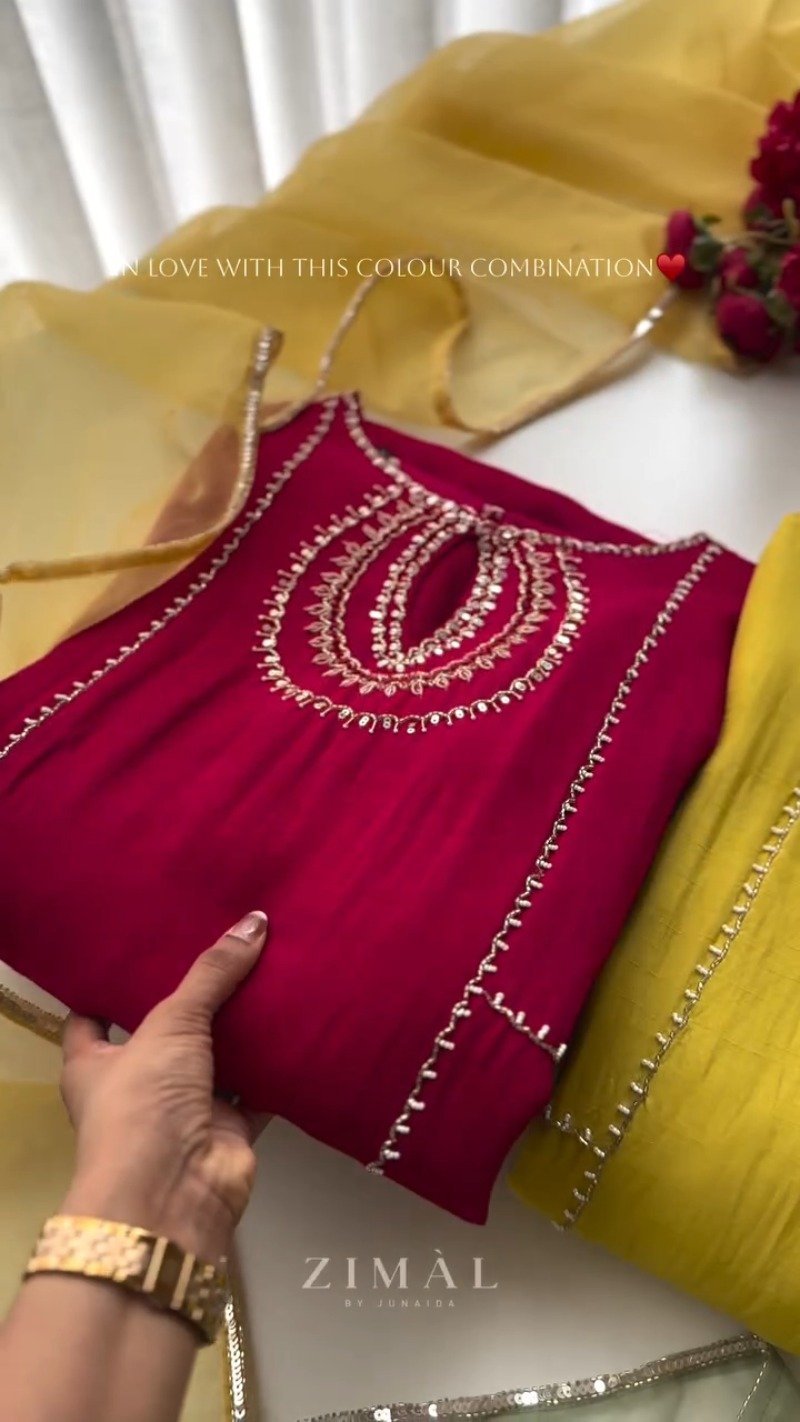 Zimal Luxe Hand-Embellished Embroidered Kurta Set β Available in Vibrant Fuchsia & Sunshine Yellow - Image 2