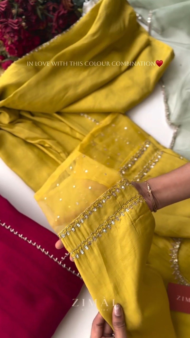 Zimal Luxe Hand-Embellished Embroidered Kurta Set β Available in Vibrant Fuchsia & Sunshine Yellow - Image 3