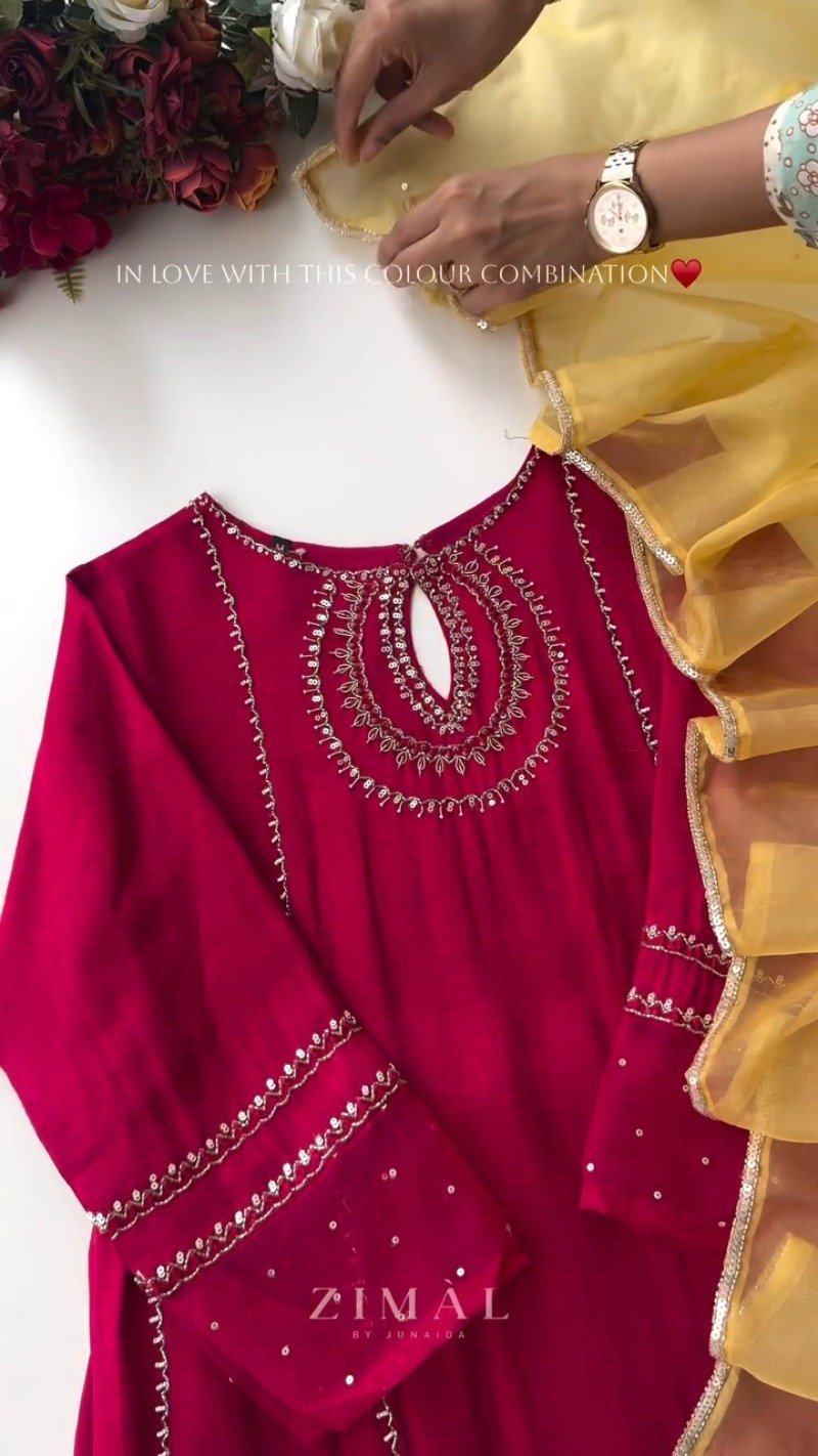 Zimal Luxe Hand-Embellished Embroidered Kurta Set β Available in Vibrant Fuchsia & Sunshine Yellow - Image 7