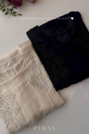 Ethereal Bead-Embellished Minimalist Kurta Set – Available in Midnight Black & Champagne Ivory
