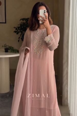 Blush Pink Embroidered Chiffon Kurta Set with Dupatta