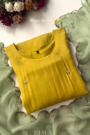 Sun-Kissed Mustard Raw Silk Kurta Set with Scalloped Sage Dupatta